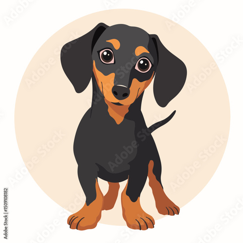 Adorable dachshund puppy, black and tan, sitting, cute pet illustration.  Charming canine image perfect for pet adoption posters, children's books, or website design.