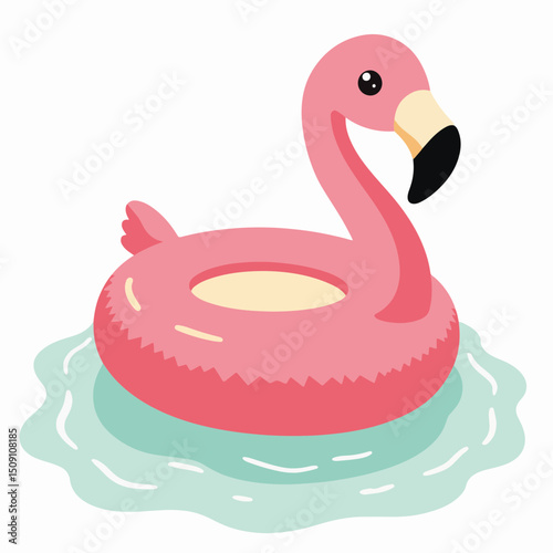 Pink flamingo inflatable ring floating on water. Summer pool accessory for kids, adults, and beach parties. Cute flamingo design perfect for summer vacation brochures and holiday advertisements.
