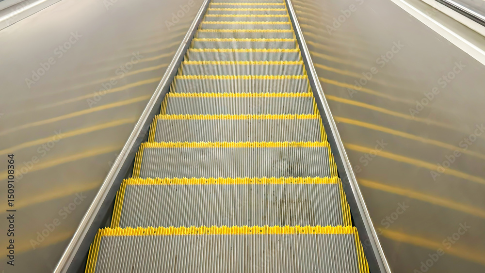 Fototapeta premium Empty Yellow-Lined Escalator Steps in Urban Subway Station. Concept of City Mobility, Public Transport, Commuting Infrastructure and Minimalist Architecture for Editorial or Commercial Use