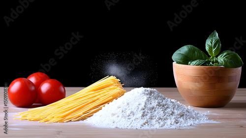 Pasta Ingredients with Tomatoes and Basil on Wooden Table