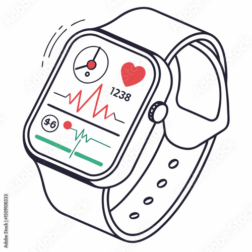Vector image smart watch with pedometer and heart rate graph. Style UI-friendly, flat icons, redgreen accents 