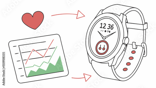 Vector image smart watch with pedometer and heart rate graph. Style UI-friendly, flat icons, redgreen accents 