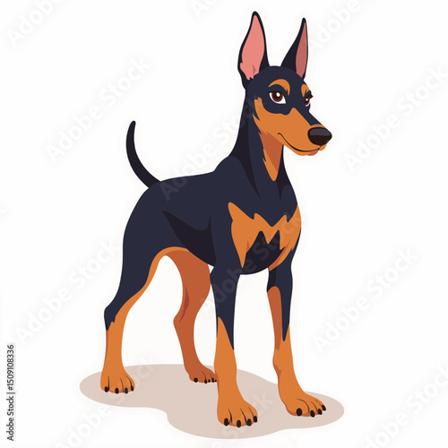 Miniature Pinscher dog breed illustration.  Miniature Pinscher, also known as Zwergpinscher, standing alert. This image of a playful Miniature Pinscher is perfect for pet websites or dog breed guides.