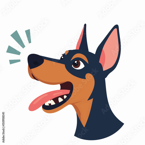 Doberman Pinscher dog head illustration, happy canine panting with tongue out. Adorable pet portrait, expressive doberman face with playful expression.