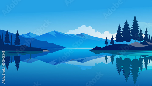  Lake Tahoe Vector Illustration with Pines and Water Reflection