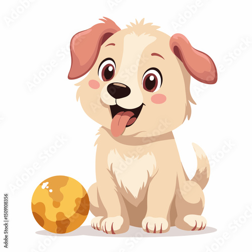 Adorable golden retriever puppy sitting next to yellow ball. Happy puppy playing with toy. This playful image of golden retriever puppy is perfect for pet adoption brochures and websites.
