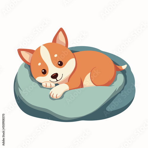 Adorable Pembroke Welsh Corgi puppy Canis lupus familiaris sleeping soundly in cozy dog bed. Small dog resting peacefully in soft blue pet bed. Cute puppy image perfect for pet shop advertising,
