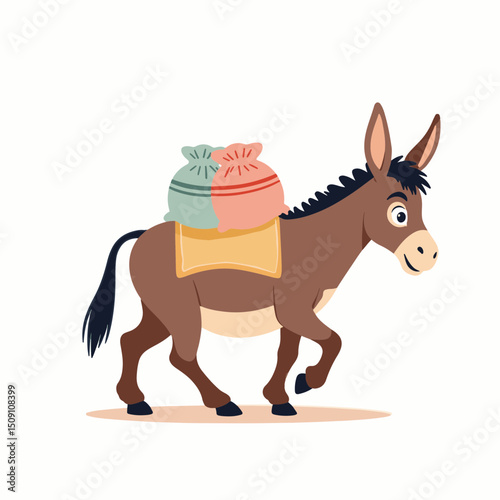 Brown donkey carrying two burlap sacks. Donkey illustration with bags on its back, walking forward. This cute donkey image is perfect for children's books, postcards, or website illustrations.