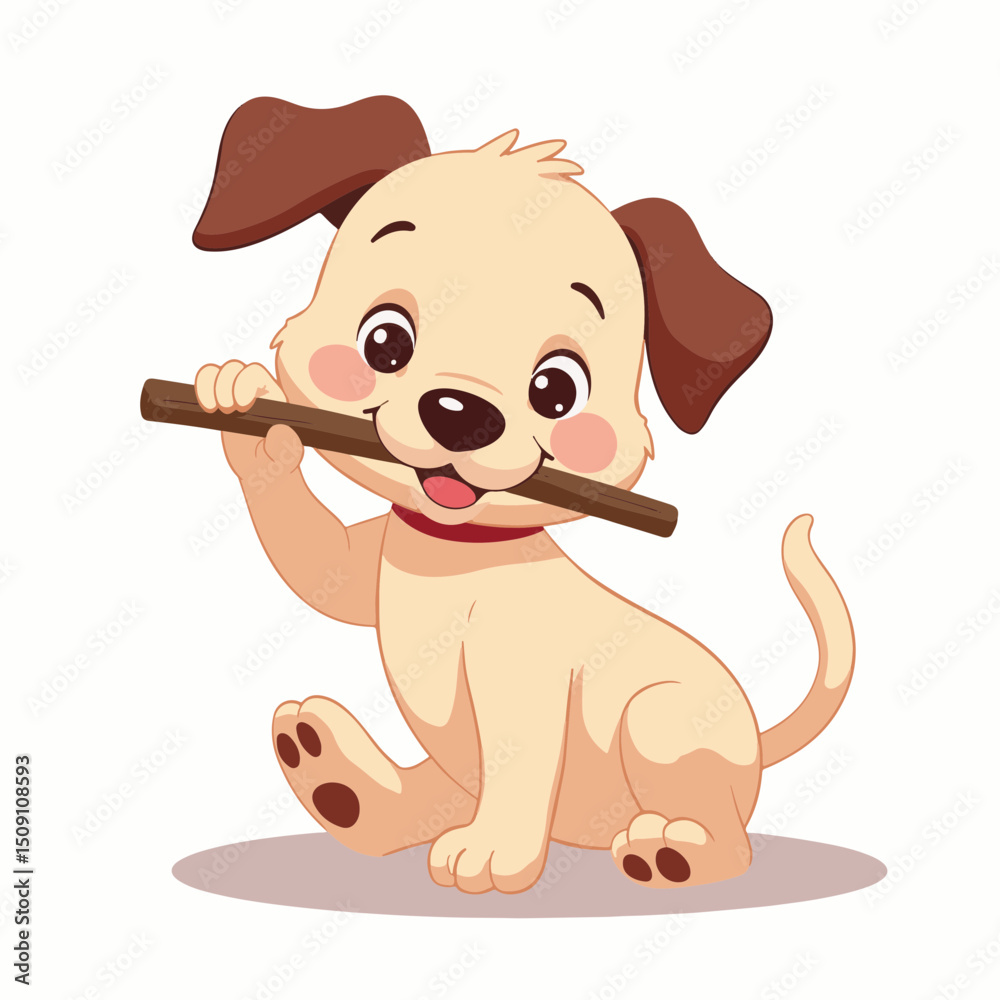 Obraz premium Adorable puppy playing with stick. Happy playful dog enjoys chewing on wooden stick. Cute pet illustration perfect for children's book, greeting card, or website design.