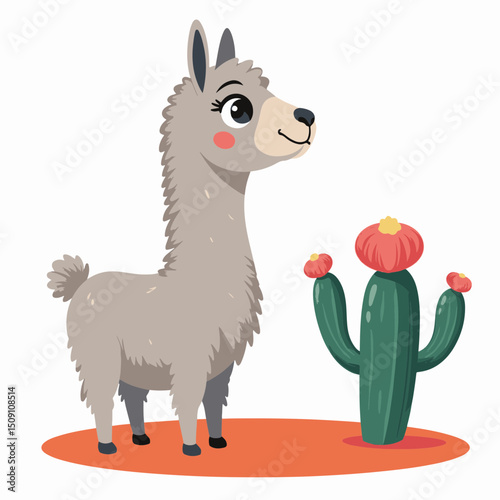 Adorable llama illustration near desert cactus. Cute llama character design perfect for children's books, greeting cards, or apparel.