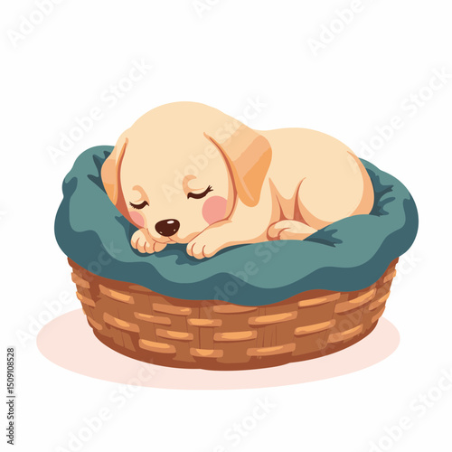 Adorable labrador retriever puppy sleeping soundly in woven basket.  Sweet puppy dog nestled in soft blanket inside cozy wicker basket.
