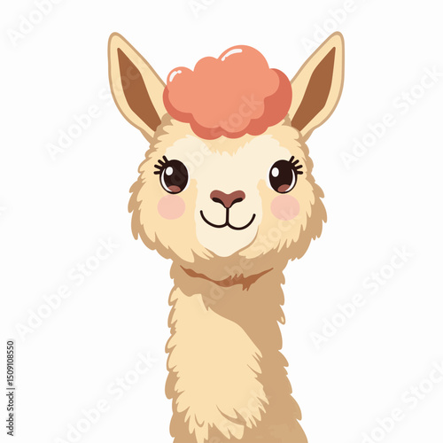 Adorable alpaca illustration, light brown alpaca with fluffy pink hair, smiling face perfect for kids apparel. This cute alpaca portrait is ideal for children's books, greeting cards,