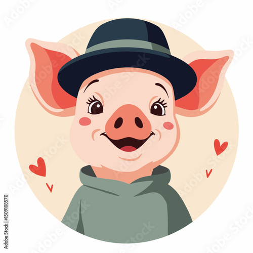 Adorable piglet wearing hat and hoodie. This charming piglet, dressed in stylish apparel, is perfect for children's books, greeting cards, or websites.