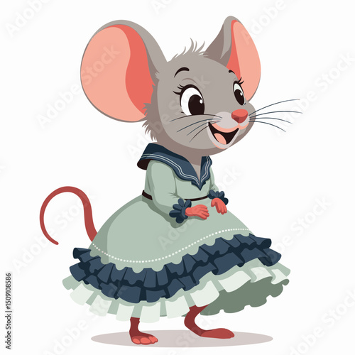 Adorable cartoon mouse in elegant dress.  This charming mouse character wears a stylish green dress with ruffled skirt.  Cute mouse illustration perfect for children's book illustration,