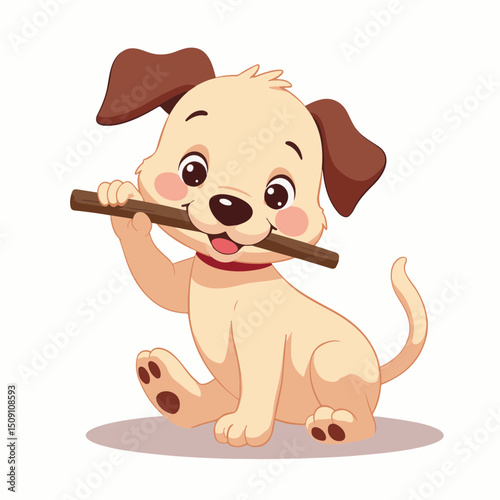 Adorable puppy playing with stick. Happy playful dog enjoys chewing on wooden stick. Cute pet illustration perfect for children's book, greeting card, or website design.