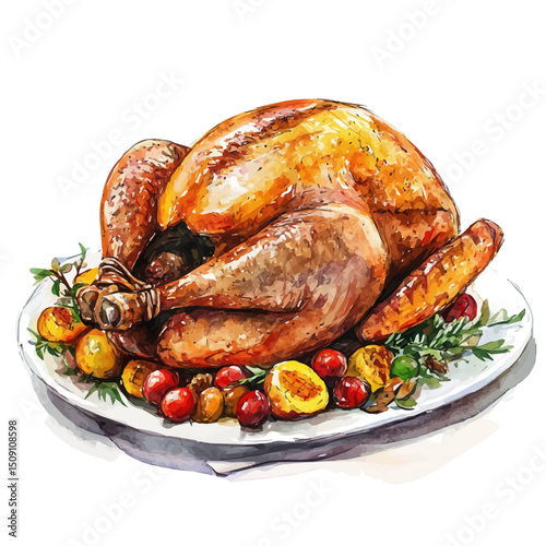Roast Turkey, watercolor painting vector, high quality, isolated on a white background.