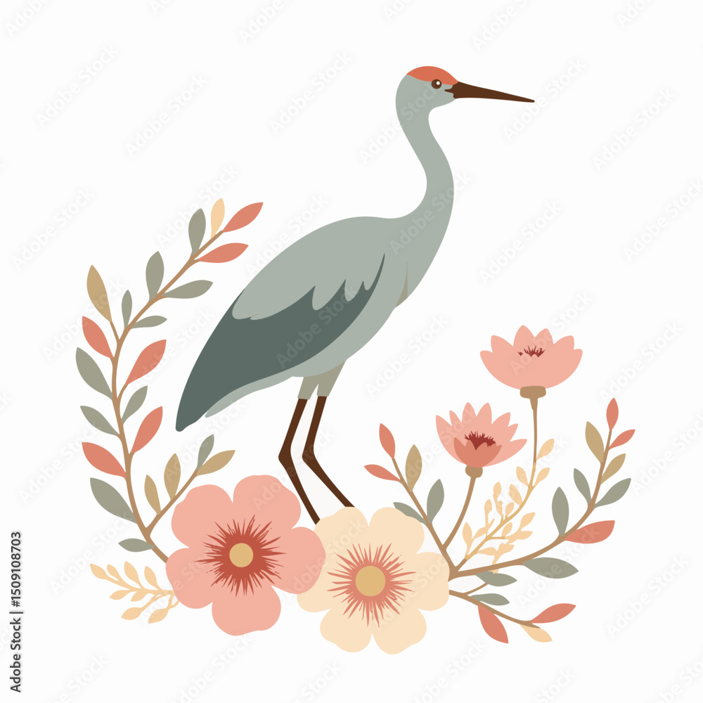 Fototapeta premium Elegant crane bird illustration surrounded by delicate flowers and leaves. This graceful crane artwork features pastel pink and cream blossoms, creating a serene and peaceful scene.