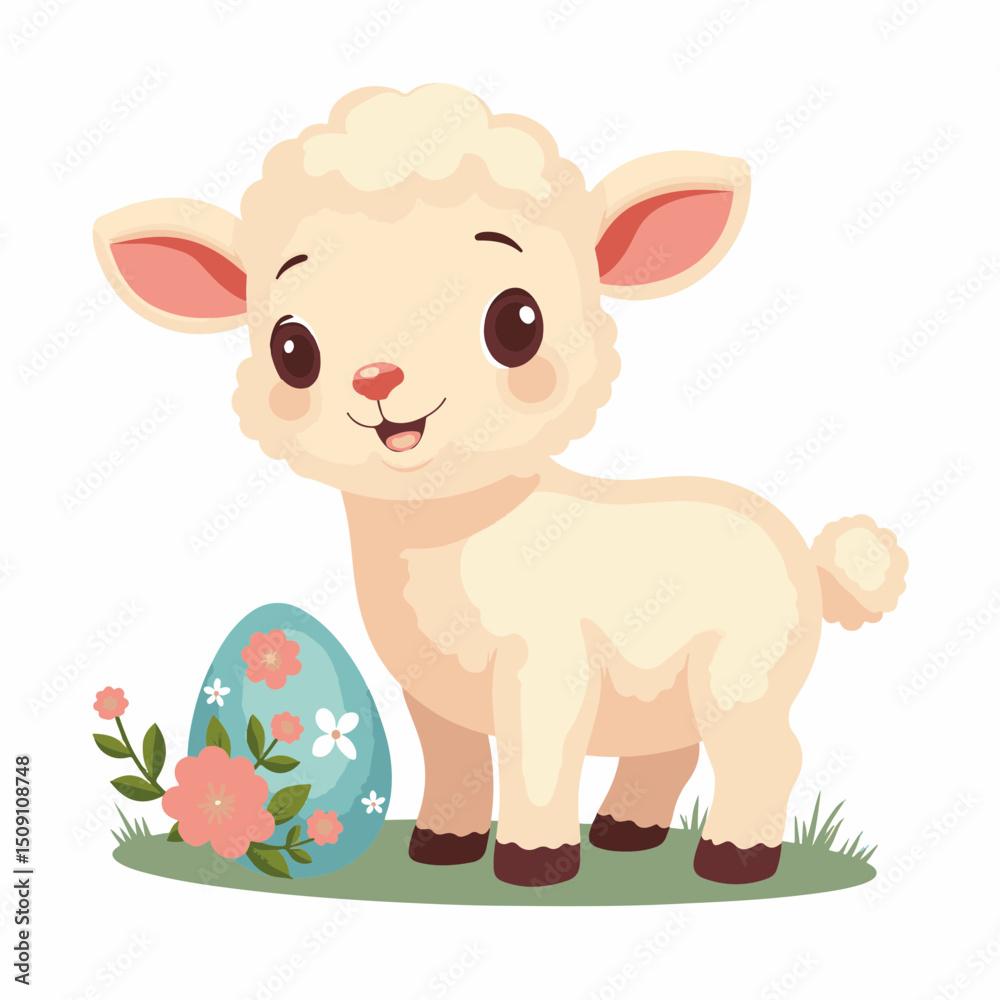 Fototapeta premium Adorable lamb, ovis aries, with pastel easter egg. Happy lamb standing near decorated easter egg and spring flowers. Cute lamb illustration perfect for easter cards, springtime announcements,