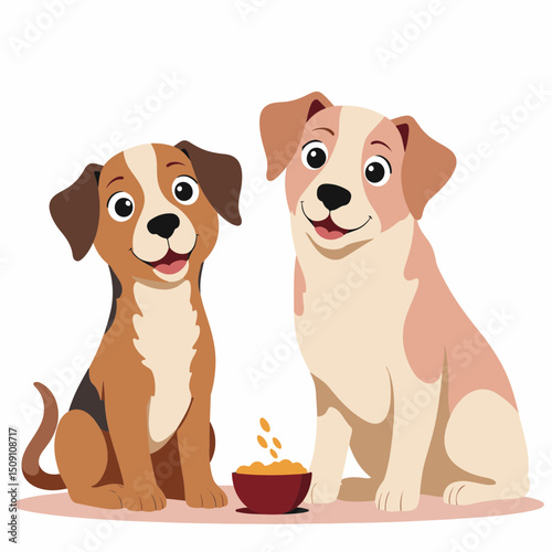 Two adorable dogs, one brown and white and one light brown and white, sitting together near bowl of dog food. Happy dogs enjoying meal time together.