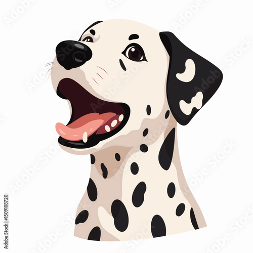 Adorable Dalmatian dog portrait, Canis familiaris, happy expression, playful pet, spotted coat, looking up, friendly canine, expressive eyes, white and black fur, joyful pup,
