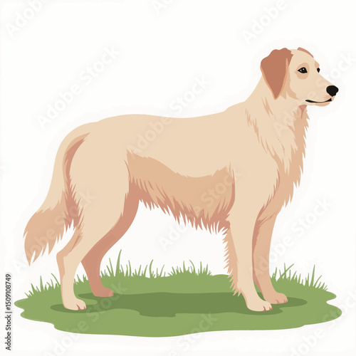Golden Retriever dog illustration, Canis familiaris, standing on green grass. This detailed image shows a friendly golden retriever, perfect for pet adoption posters or veterinary clinic brochures.
