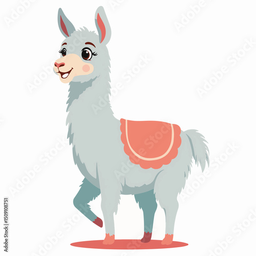 Cute llama illustration, light gray fluffy llama with pink saddle.  Adorable llama perfect for kids book illustrations, greeting cards, or children's clothing designs.