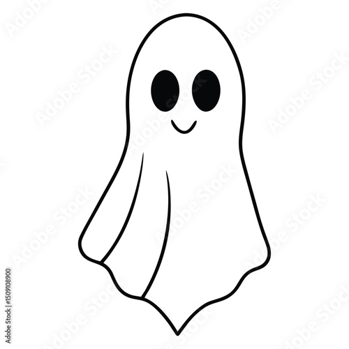 Cute Ghost with Heart Eyes Floating – Black & White Soft Draped Tattoo Design on White Background.