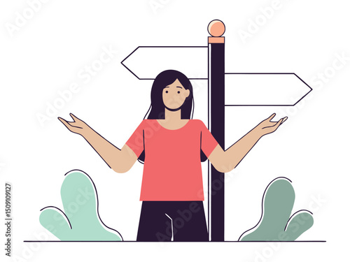 Woman at Crossroads Contemplating Future Choices Vector Illustration