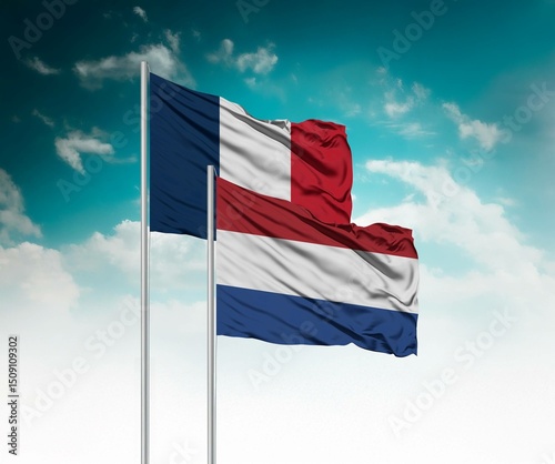 National flags of France and Netherlands wave side by side in a clear blue sky symbolizing international unity and cooperation.