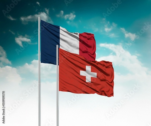  National flags of France and Switzerland wave side by side in a clear blue sky symbolizing international unity and cooperation.