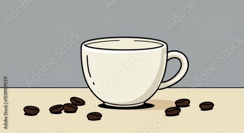 An empty white coffee cup rests on a table with scattered beans, indicating recent use