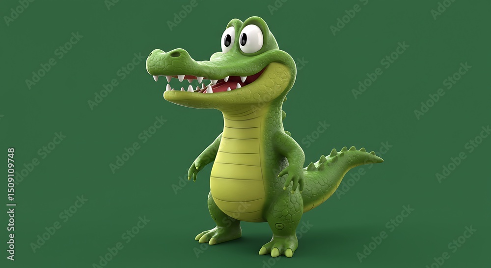 Fototapeta premium Cartoon Alligator Standing Smiling on Green Background