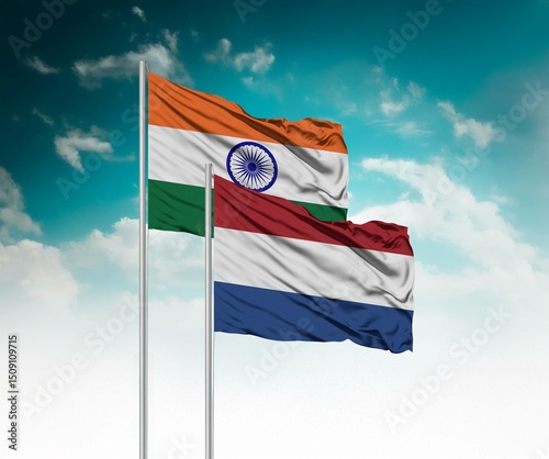  National flags of India and Netherlands wave side by side in a clear blue sky symbolizing international unity and cooperation.