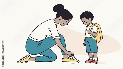 A flat vector illustration of a mother helping her child get ready for school. The mother is kneeling to tie the child’s shoelaces. The child is wearing a simple school uniform and looks happy