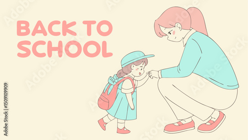 A flat vector illustration of a mother helping her child get ready for school. The mother is kneeling to tie the child’s shoelaces. The child is wearing a simple school uniform and looks happy