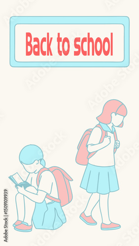 A flat vector illustration of a mother helping her child get ready for school. The mother is kneeling to tie the child’s shoelaces. The child is wearing a simple school uniform and looks happy