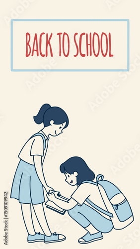 A flat vector illustration of a mother helping her child get ready for school. The mother is kneeling to tie the child’s shoelaces. The child is wearing a simple school uniform and looks happy