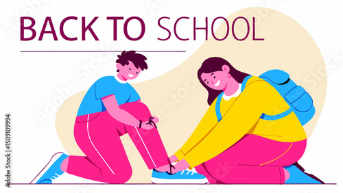 A flat vector illustration of a mother helping her child get ready for school. The mother is kneeling to tie the child’s shoelaces. The child is wearing a simple school uniform and looks happy