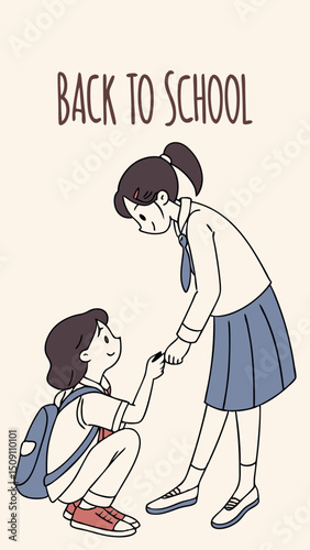 A flat vector illustration of a mother helping her child get ready for school. The mother is kneeling to tie the child’s shoelaces. The child is wearing a simple school uniform and looks happy
