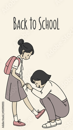 A flat vector illustration of a mother helping her child get ready for school. The mother is kneeling to tie the child’s shoelaces. The child is wearing a simple school uniform and looks happy