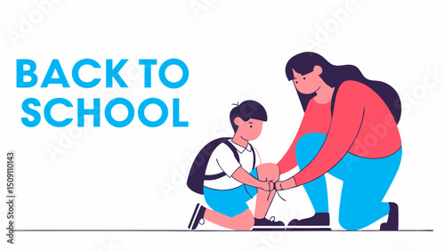 A flat vector illustration of a mother helping her child get ready for school. The mother is kneeling to tie the child’s shoelaces. The child is wearing a simple school uniform and looks happy