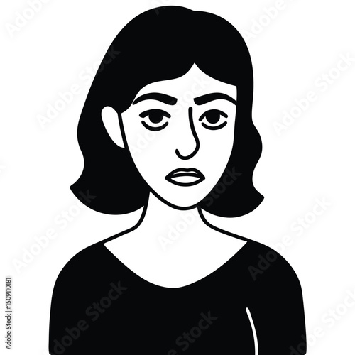 Woman with Serious Expression Black and White Vector Illustration