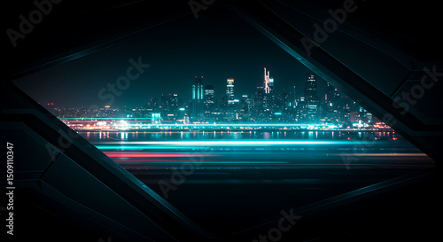 Futuristic City Nightscape Viewed Through Modern Frame Vibrant Lights Speed and Urban Skyline