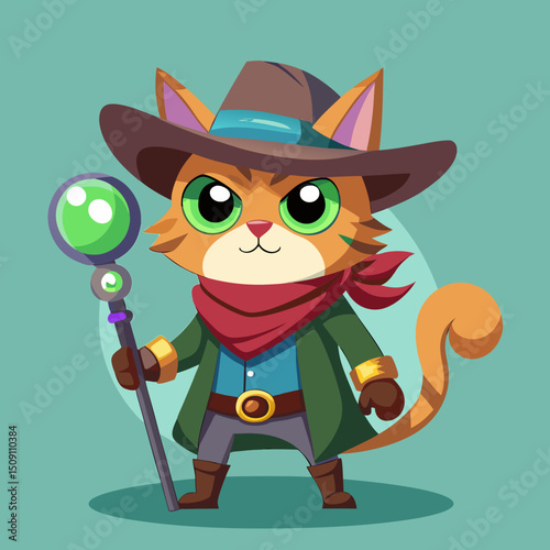 Cowboy Cat with Green Orb and Magical Staff – Fantasy Animal Character in Boots Illustration

