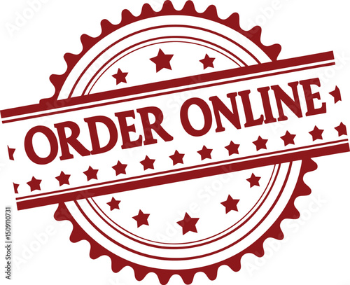 Order Online Maroon Stamp with Stars and Circular Design, Isolated on White Background.