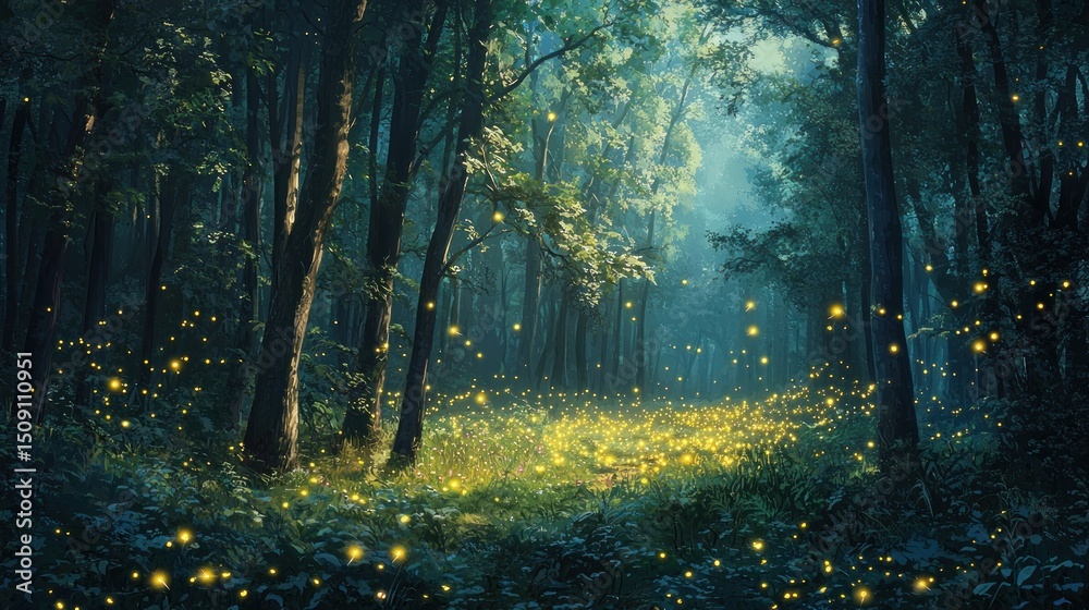 Fototapeta premium A magical forest illuminated by fireflies.