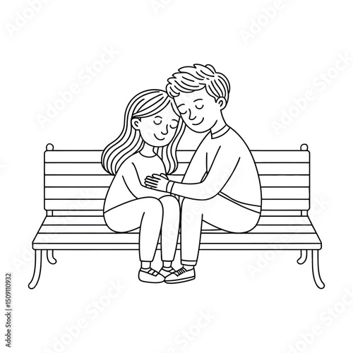 Line art illustration of a couple in love sitting on a bench