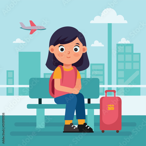 Experience the anticipation of a young girl waiting for her airplane flight in this charming illustration. Capturing the essence of travel and adventure, it portrays a moment of excitement and explora