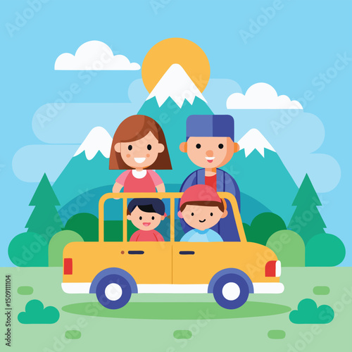Embark on a family adventure as parents travel with their children by car on a memorable vacation. This illustration captures the excitement and togetherness of a road trip in a charming vector style.