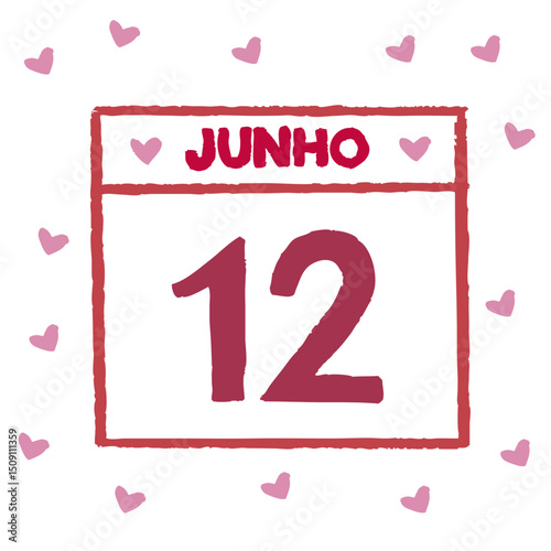 calendário data 12 de junho dia dos namorados com corações rosa